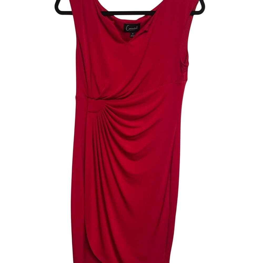 Connected Apparel Red Sleeveless Side Draped Faux Wrap Sheath Dress 10